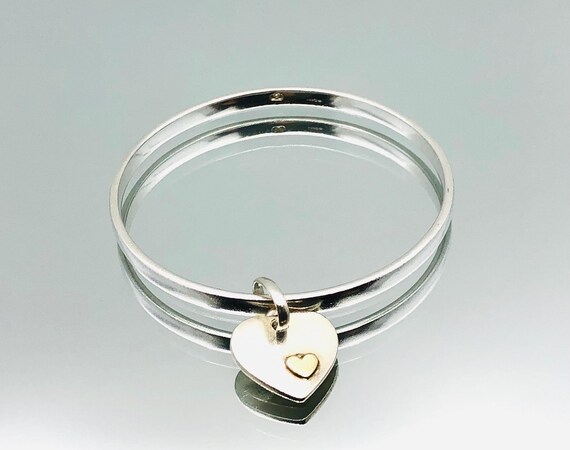 Links of London Sterling Silver Heart Charm Gold Accent Bangle