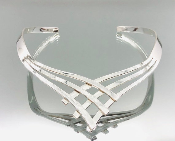 Sterling Silver Heavy Lattice Torque Collar Neckl… - image 1