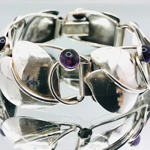 G Kaplan Amethyst Silver Leaf Bracelet Scandinavian Mid Century 1956 Vintage