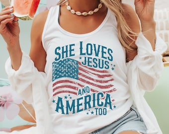 She Loves Jesus And America Too Tank Top, Christian Patriotic Tank, July 4 Tank Top, Womens USA Flag Tank, Next Level 1533