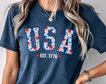 USA Shirt, 4th of July Shirt, Floral USA Tee, Red White Blue Shirt, EST 1776 Tee, America T-Shirt, Bella Canvas 3001, Independence Day Shirt