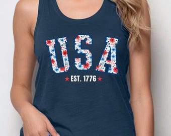Floral USA Tank Top, Patriotic Tank Top, Cute 4th Of July Shirt, USA 1776 Tank Top