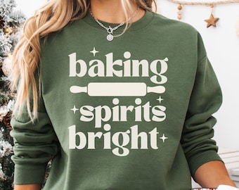 Christmas Baking Sweatshirt – “Baking Spirits Bright” Holiday Crewneck, Baker Gift, Cookie Baking Shirt for Christmas