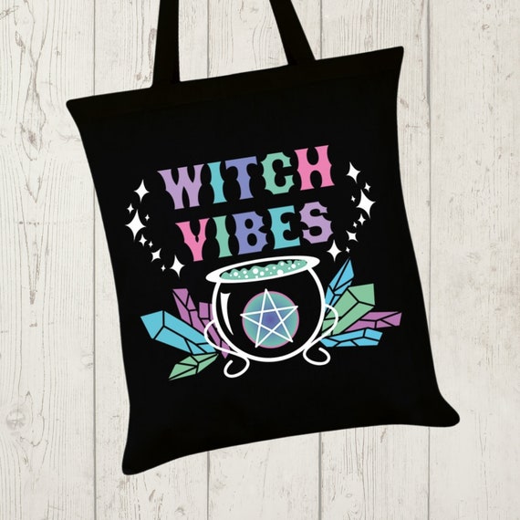 Pentagram Wicca Print Cotton Tote Shopper Bag Purple 