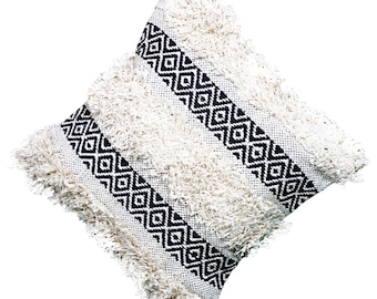 Off White/Cream and Black Cotton Hand Loom Woven Bohemian Throw Pillow Case 18 x 18 Inches. Decorative Premium Quality Cushion Cover