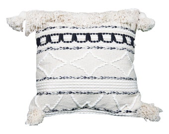 Cream and Black Cotton Hand Loom Woven Bohemian Throw Pillow Case 18 x 18 Inches. Decorative Premium Quality Accent Cushion Cover