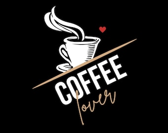May include: A black background with a white coffee cup and steam, a red heart, and the words "COFFEE lover" in white and tan. The coffee cup is on a diagonal tan line.