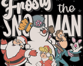 May include: A vintage-style graphic featuring the text "Frosty the Snowman" above illustrations of Santa Claus, a snowman, a young girl, and a magician with a rabbit. The characters are set against a black background with star accents.