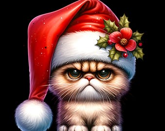 May include: A grumpy-looking cat wearing a red Santa hat with white trim and a sprig of holly with a red flower. The cat has brown and white fur and a serious expression against a black background.