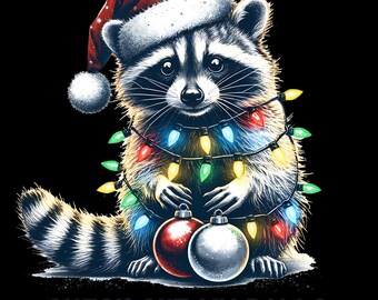 May include: A raccoon wearing a Santa hat and wrapped in Christmas lights, holding two ornaments. The text "CHECK OUT MY BALLS" is printed at the bottom of the image. The raccoon has black and white fur.
