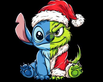 May include: A cartoon illustration of a character split in half, with Stitch on the left and the Grinch on the right. Both sides wear a Santa hat and red coat. The background is black.
