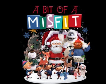 May include: A festive illustration featuring characters from the classic Christmas special, "A Bit of a Misfit." The image includes Santa Claus, a snowman, reindeer, elves, and the Abominable Snowman, all set against a black background with falling snow.