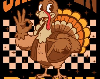 May include: A cartoon turkey illustration with the words "SIX SEVEN BRUH" in orange and brown. The turkey is brown with orange and yellow feathers, making an "okay" hand gesture. The background is black with a checkered pattern.