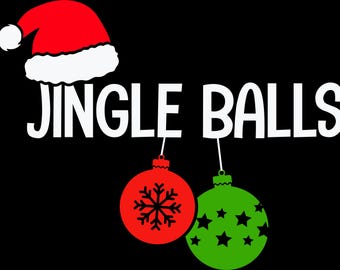 May include: A graphic design on a black background features the words "JINGLE BALLS" in white, with a Santa hat above. Below the text are two hanging ornaments, one red with a snowflake, and one green with stars.