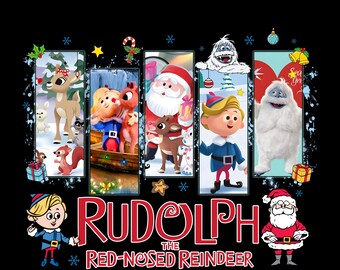 May include: A graphic featuring characters from the animated film "Rudolph the Red-Nosed Reindeer." The design includes Rudolph, Santa Claus, an elf, and the Abominable Snow Monster, with the film's title in red text on a black background.