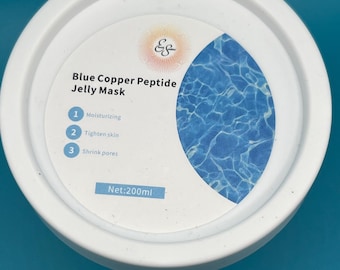 May include: A white jar of Blue Copper Peptide Jelly Mask. The label includes the text "Blue Copper Peptide Jelly Mask", "Moisturizing", "Tighten skin", and "Shrink pores". The jar contains 200ml of product.