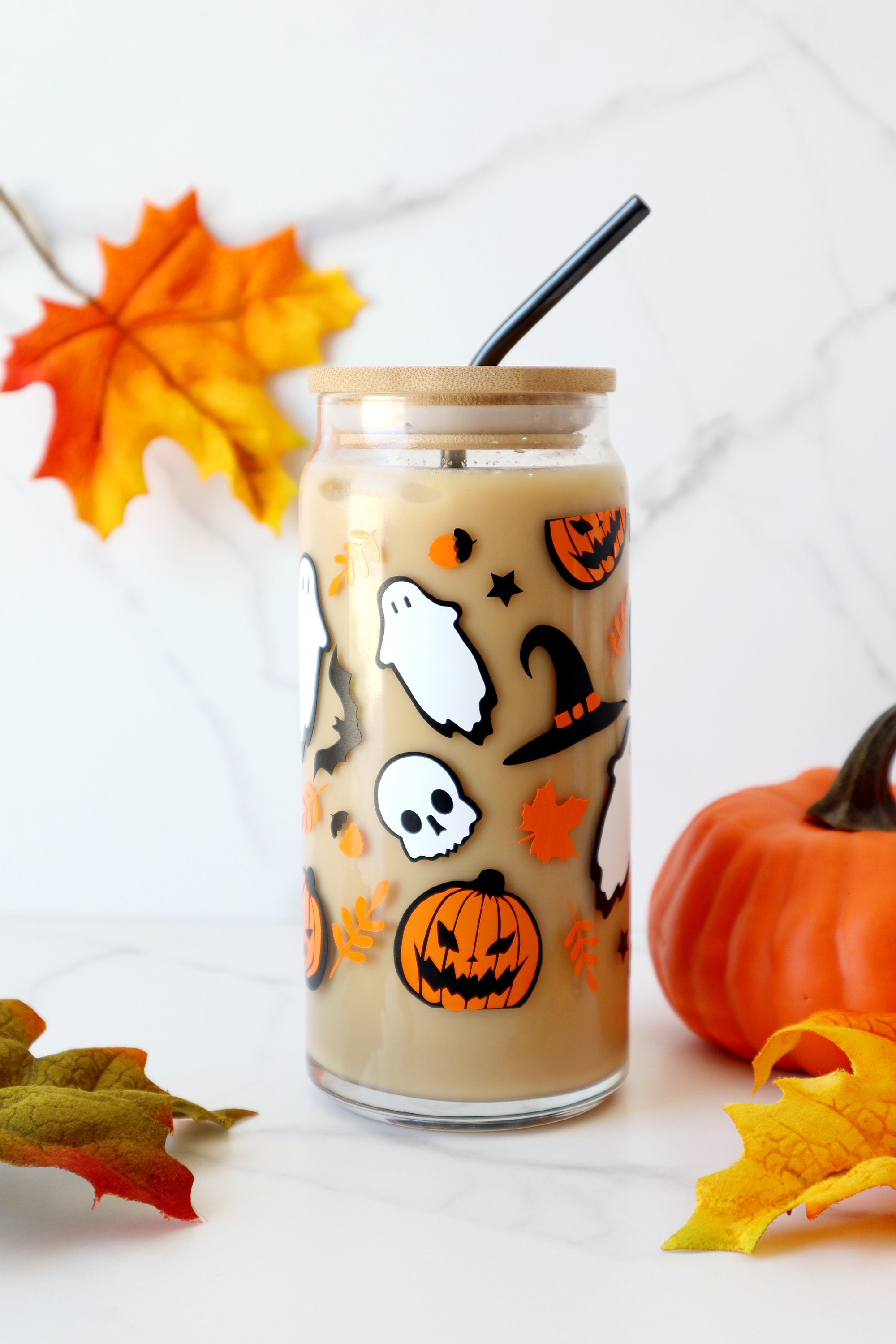 Halloween Spooky Glass Cup with Bamboo Lid & Glass Straws 16oz Iced Coffee  860009228610