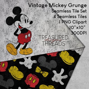 May include: Vintage Mickey Mouse grunge seamless tile set with four tiles and a clipart image. The tiles feature Mickey Mouse's head, gloves, shoes, and bow tie in a distressed style on a black background. The clipart image is a single Mickey Mouse character in a red and yellow outfit with a distressed background. The text "TREASURED THREADS" is visible in the image.