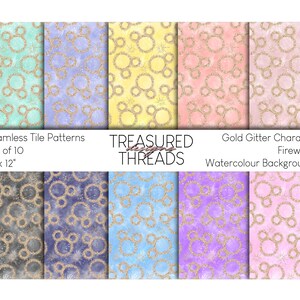 May include: Set of 10 seamless tile patterns featuring a gold glitter character design on a watercolor background. The patterns are 12 inches by 12 inches.