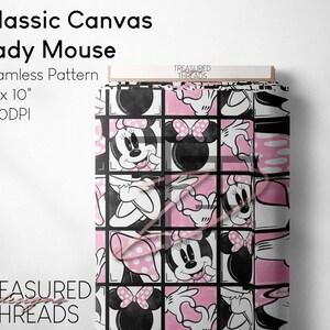 May include: A seamless pattern featuring a cartoon mouse with pink and black accents. The pattern is repeated on a white background. The pattern is 10 inches by 10 inches and 300 DPI.