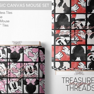 May include: Two 10 inch by 10 inch seamless digital tiles featuring a classic cartoon mouse and a lady mouse in a black and white design with pink and red accents. The tiles are 300 DPI.