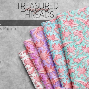 May include: Five seamless patterns featuring pink axolotls on different colored backgrounds. The patterns are teal, blue, purple, pink, and white. Each pattern is 12 inches wide and 300 DPI.