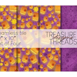 Peut inclure: Ensemble de quatre papiers numériques de 25,4 cm sur 25,4 cm avec un fond violet et un motif répétitif de lanternes jaunes et d'un soleil. Le texte "Seamless tile 10" x 10" Set of Four" et "TREASURED THREADS" est visible sur l'image.