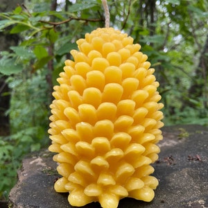 Peut inclure: Une bougie en cire d'abeille jaune en forme de pomme de pin. La bougie a un aspect naturel et rustique et est parfaite pour ajouter une touche de nature à votre décoration intérieure.