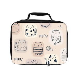 Cat Lunch Bag - Insulated Lunch Tote for Food, Reusable Cooler Bag, Kids Lunch Box, Animal Print Lunch Sack, Cute Lunch Bag for Women