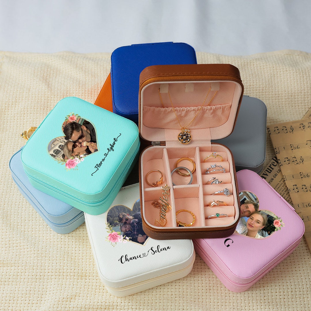 Couple Portrait Custom Travel Jewelry Box, Personalized Photo Name