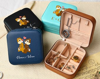 Chip 'n' Dale Custom Travel Jewelry Box with Couple Names,Cartoon Personalized Name Jewelry Case,Valentine's Day,Anniversary Gift for Wife