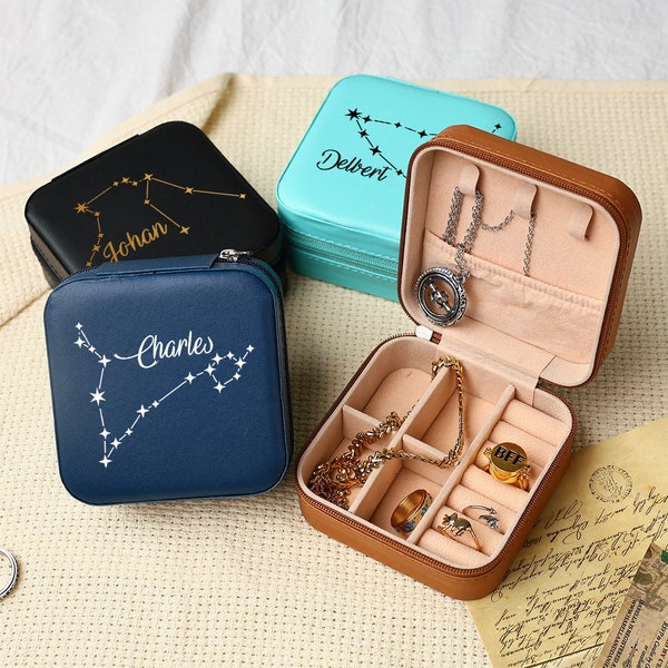 Zodiac Custom Travel Jewelry Box With Name,Personalized Birth Constellation Girl's Jewelry Case,Birthday Gift For Daughter,Bridesmaid Gift