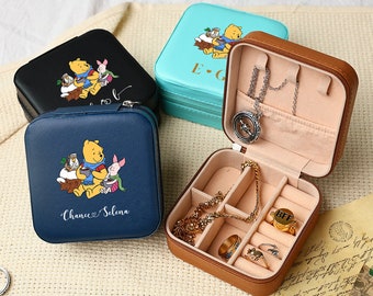 Winnie Pooh & Piglet Custom Travel Jewelry Box with Couple Names,Cartoon Personalized Jewelry Case,Valentine's Day,Anniversary Gift for Wife