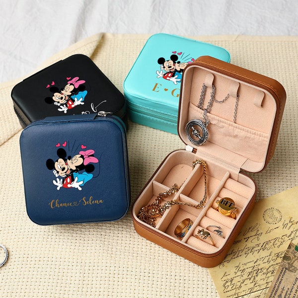 Boîte à bijoux de voyage personnalisée Mickey et Minnie avec noms de couple, étui à bijoux personnalisé avec nom de dessin animé, Saint-Valentin, cadeau d'anniversaire pour femme