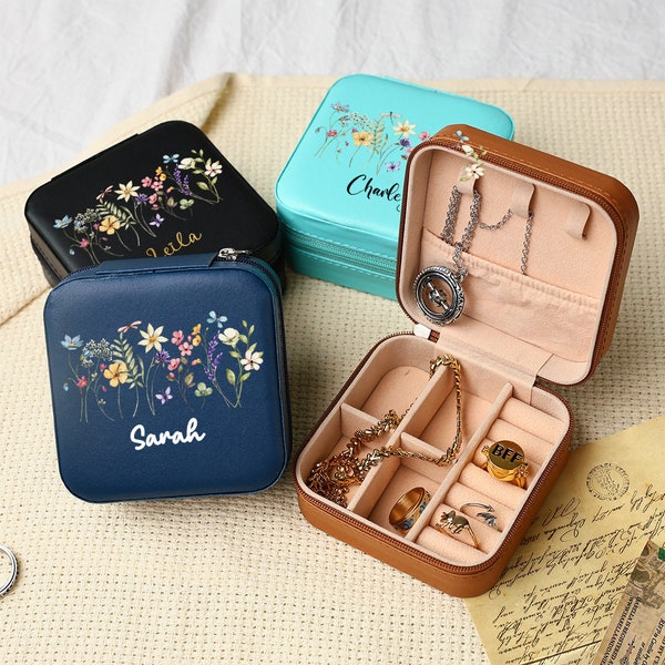 Custom Name Aesthetic Floral Travel Jewelry Box For Girl,Elegant Personalized Name Jewelry Case,Birthday Gift For Daughter,Bridesmaid Gift