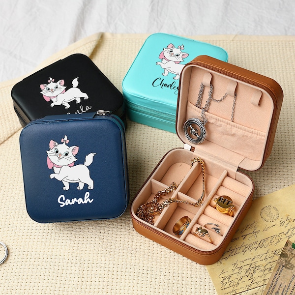 Marie Aristocats Mädchens Reise Schmuckschatulle mit individuellem Namen, niedliches personalisiertes Schmuckschatulle, Geburtstagsgeschenk für Tochter, Brautjungfer Geschenk