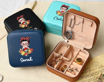 Betty Boop Floral Girl's Travel Jewelry Box With Custom Name,Cute Personalized Name Jewelry Case,Birthday Gift For Daughter,Bridesmaid Gift