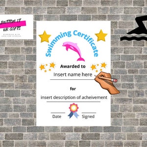 A4 Childs Swimming Certificate template Digital Download, girls,  boys, printable, schools, beginner swimmer, sports awards, achievement