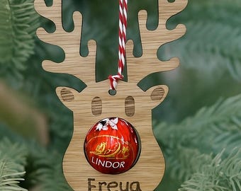 Personalised Engraved Oak Reindeer Bauble -  Lindt Lindor Holder Christmas Tree Decoration - Wooden Reindeer