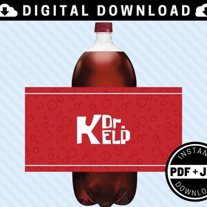 Puede incluir: Etiqueta de botella de soda Dr. Kelp imprimible con fondo rojo y texto blanco. La etiqueta presenta un patrón de círculos blancos sobre un fondo rojo. El texto de la etiqueta dice "Dr. Kelp" con una "K" grande y un "Dr. Kelp" más pequeño.
