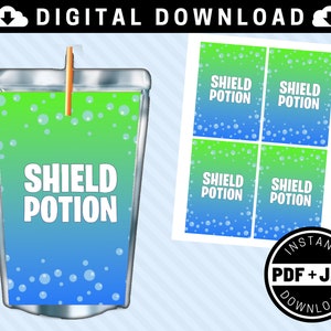 Gamer Capri Sun Shield Potion Printable Labels INSTANT DOWNLOAD 6oz 180ml Video Game Birthday Party Supplies image 1