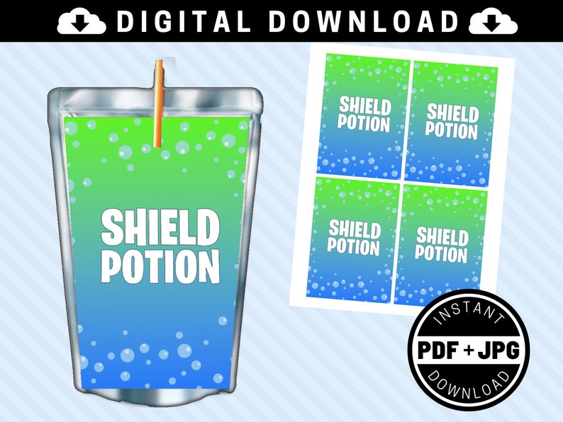 Gamer Capri Sun Shield Potion Printable Labels INSTANT DOWNLOAD 6oz 180ml Video Game Birthday Party Supplies image 1