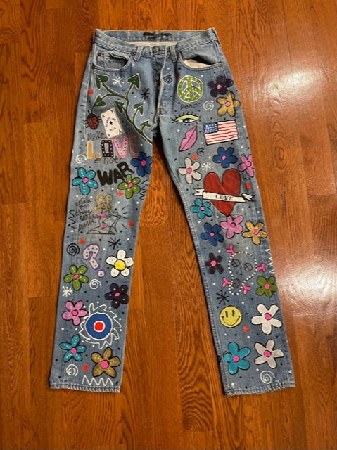 Retro 70s Hand Painted Jeans, Custom Jeans, Hippie, Jeans, Peace, Love ...