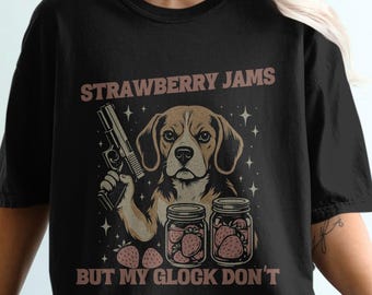Beagle PNG SVG, Strawberry Jams But My Glock Don't Meme, Funny Digital Design for Print and Cut, Dog Holding Weapon Clipart Image