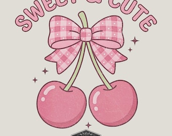 Sweet & Cute Cherries PNG Sublimation Design with Gingham Bow, Kawaii Pink Cherry Digital File for T-Shirt Craft Projects
