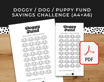 Doggy Dog Puppy Pet Savings Challenge - A6 + A4 Printable PDF Downloadable - Minimal Design - Budget, Sinking Funds, Savings