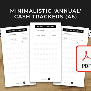 May include: Three white cash tracker sheets with the text "ANNUAL TRACKER" and "CATEGORY", "TOTAL", "DUE DATE", and "EACH". The image also includes a red PDF icon and the text "MINIMALISTIC 'ANNUAL' CASH TRACKERS (A6)".