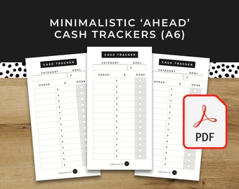 May include: Three printable cash tracker sheets in black and white with the text "CASH TRACKER" at the top of each sheet. The sheets are designed to help you track your spending and savings goals. The sheets are labeled "CATEGORY", "GOAL", "AHEAD", and "DONE".