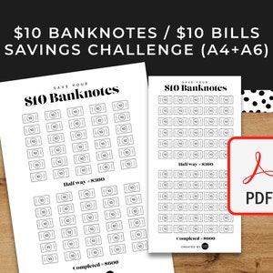 10 Dollar Banknotes/Bills/Money Savings Challenge - A6 + A4 Printable PDF Downloadable - Minimal Design - Budget, Sinking Funds, Savings