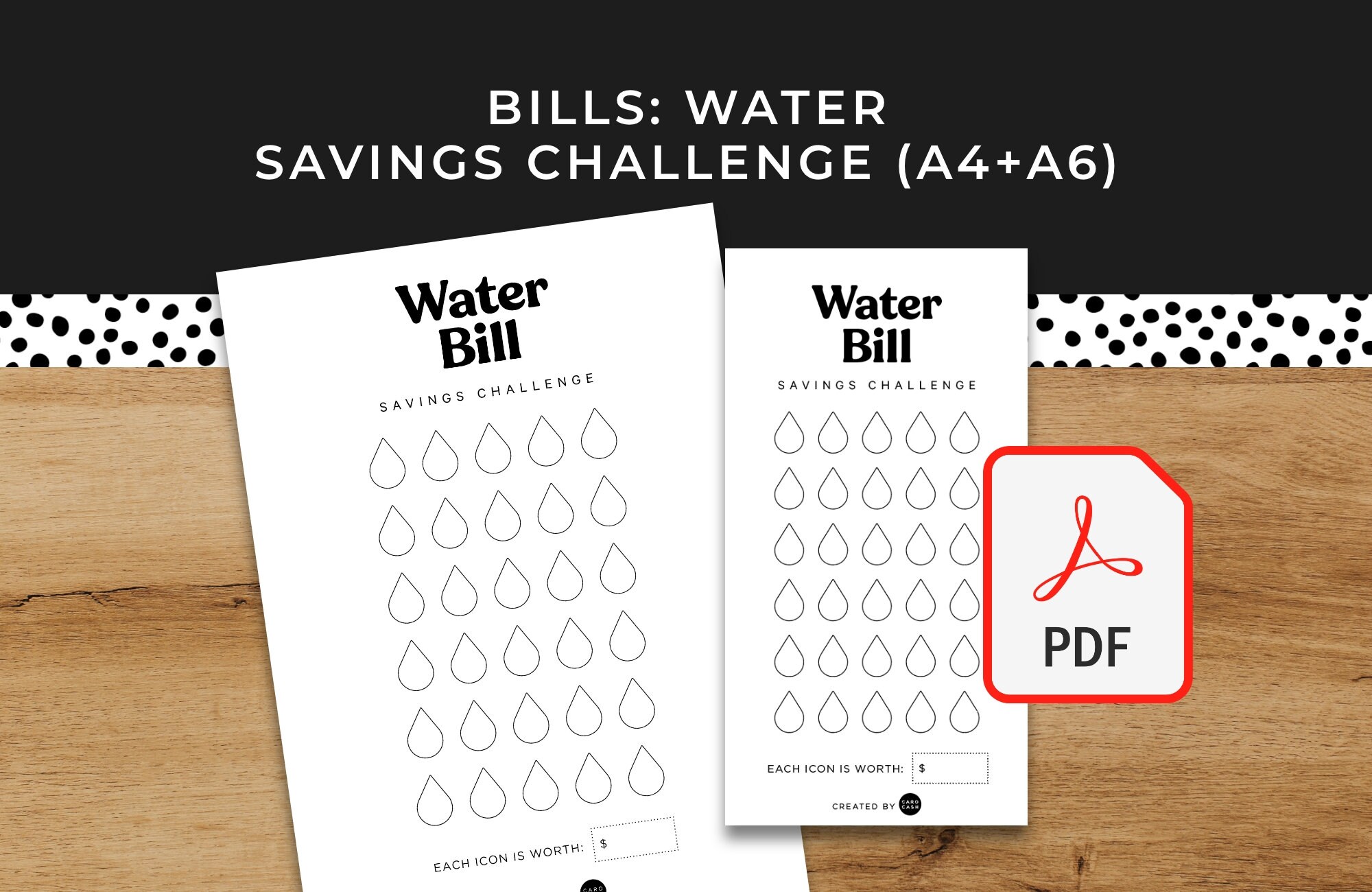 水道料金節約チャレンジ - A6 + A4 印刷可能 PDF ダウンロード可能 - 請求書ミニマルデザイン、予算、節約、積立金